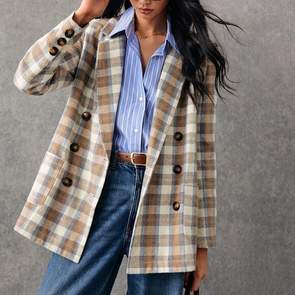 Multicolor Casual Women's Plaid Print Double-Breasted Long Sleeve Blazer Jacket - Picture 2 of 7